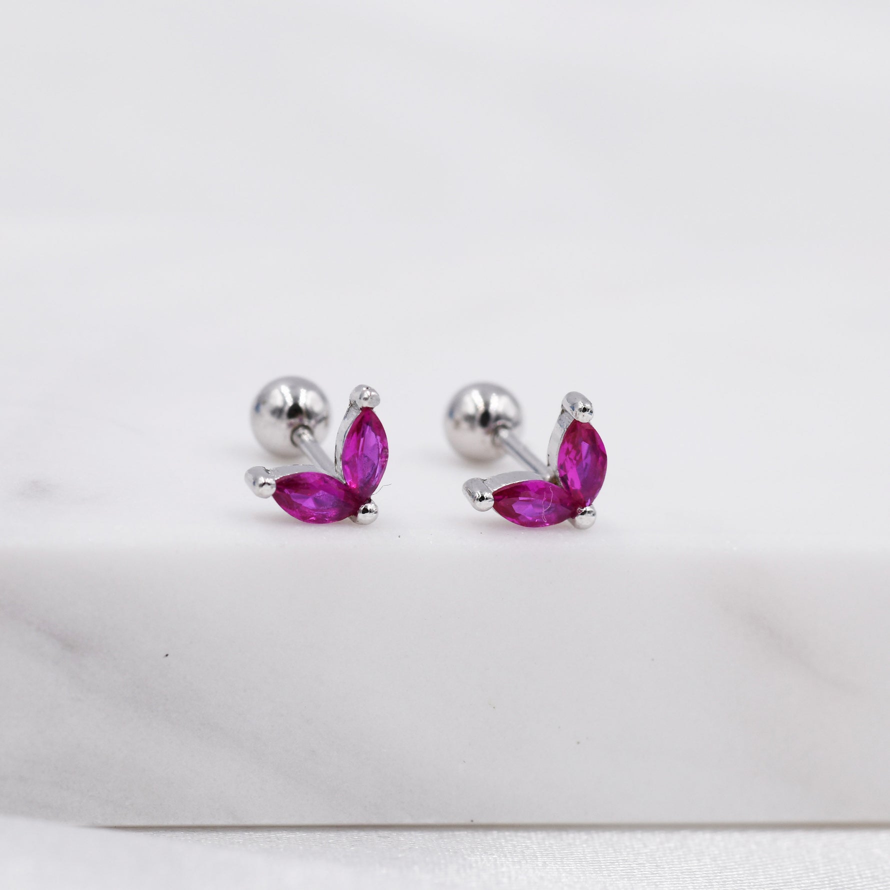 Sterling Silver Ruby Red CZ Marquise Leaf Duo Barbell Earrings, Gold or Silver, Marquise Fan Screwback Earrings, Two Marquise