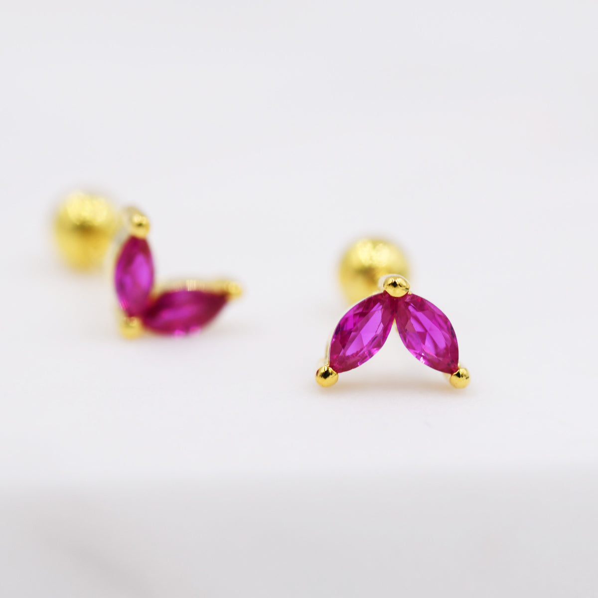 Sterling Silver Ruby Red CZ Marquise Leaf Duo Barbell Earrings, Gold or Silver, Marquise Fan Screwback Earrings, Two Marquise