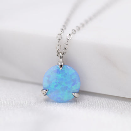 Blue Opal Necklace in Sterling Silver, Three Prong Opal Necklace, Minimalist October Birthstone Necklace, Tiny Opal Necklace