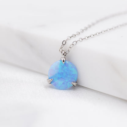 Blue Opal Necklace in Sterling Silver, Three Prong Opal Necklace, Minimalist October Birthstone Necklace, Tiny Opal Necklace