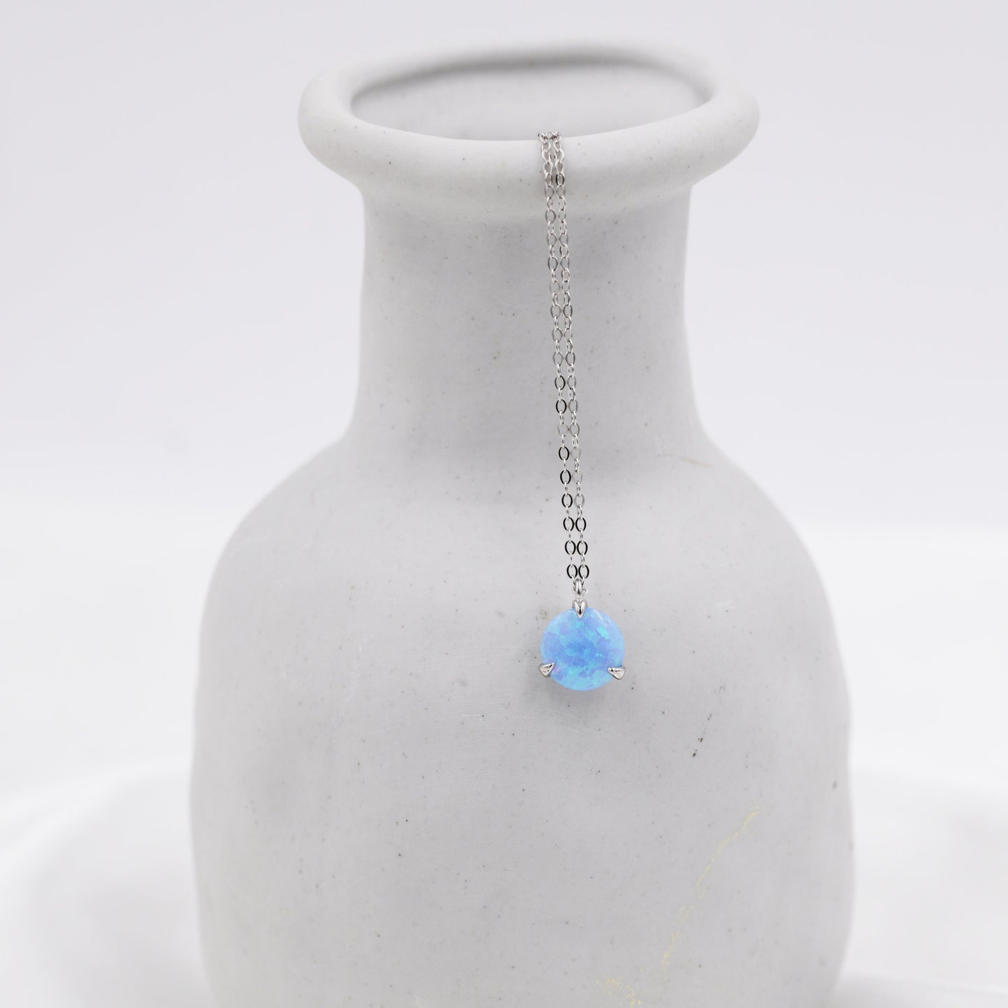 Blue Opal Necklace in Sterling Silver, Three Prong Opal Necklace, Minimalist October Birthstone Necklace, Tiny Opal Necklace