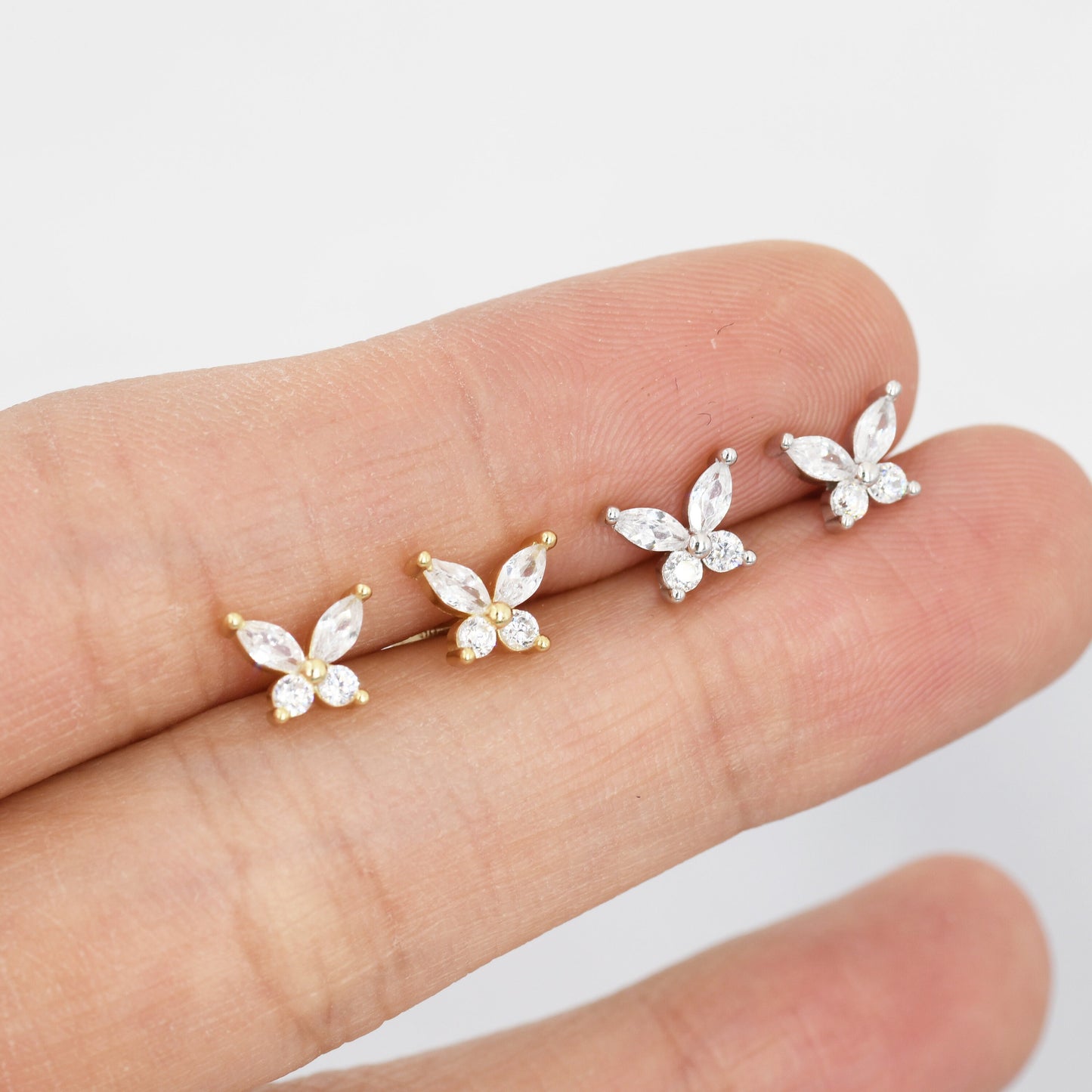 Sterling Silver CZ Butterfly Stud Earrings,  Gold or Silver or Rose Gold, Marquise CZ Earrings, Stacking Earrings