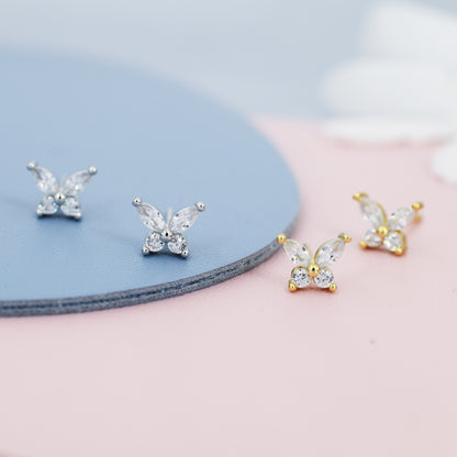 Sterling Silver CZ Butterfly Stud Earrings,  Gold or Silver or Rose Gold, Marquise CZ Earrings, Stacking Earrings