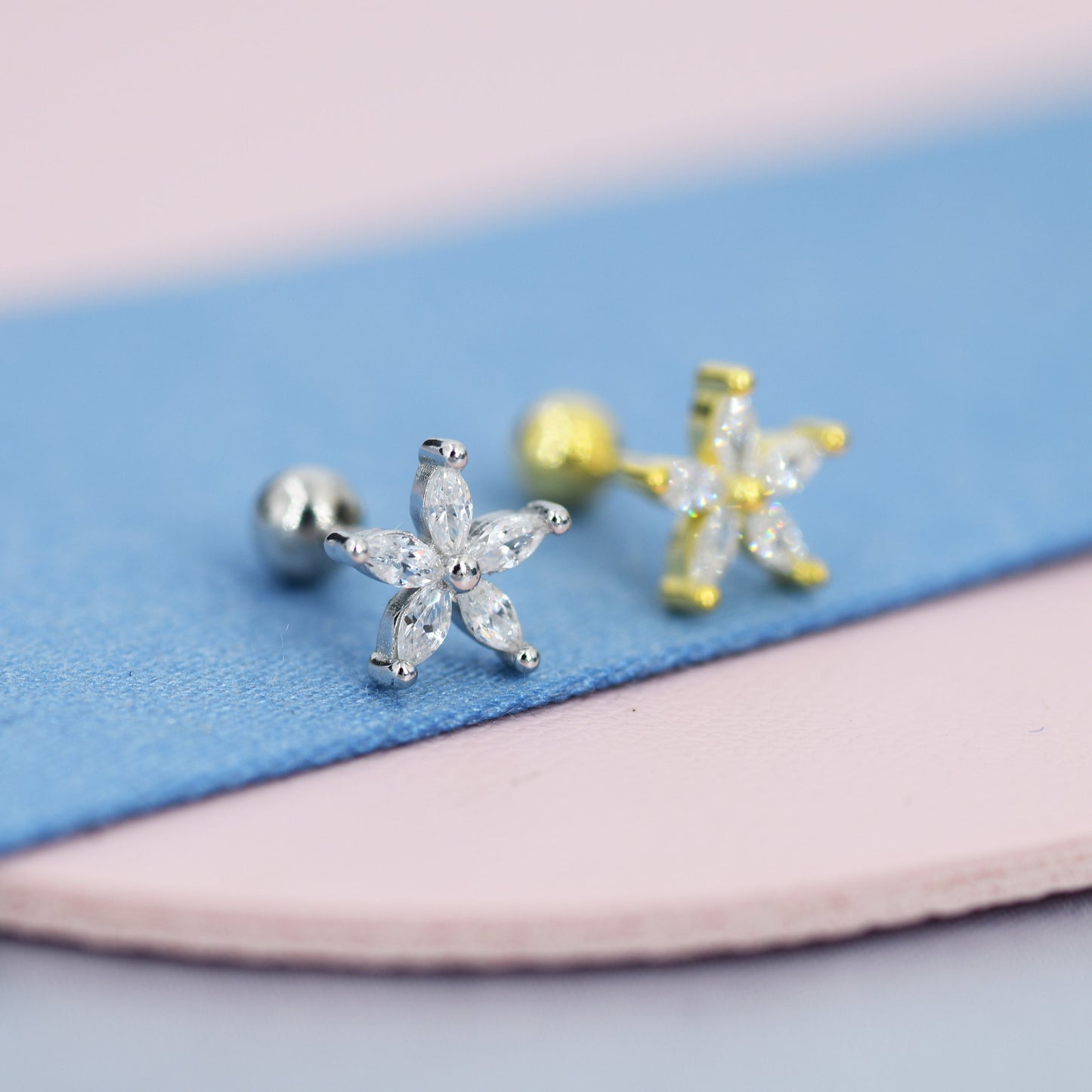 Sterling Silver CZ Flower Barbell Earrings,  Gold or Silver, Marquise CZ Screw Back Earrings, Stacking Earrings