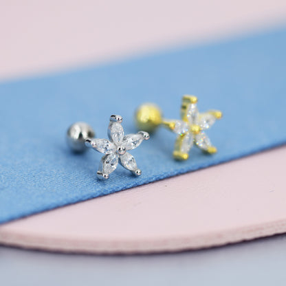 Sterling Silver CZ Flower Barbell Earrings,  Gold or Silver, Marquise CZ Screw Back Earrings, Stacking Earrings