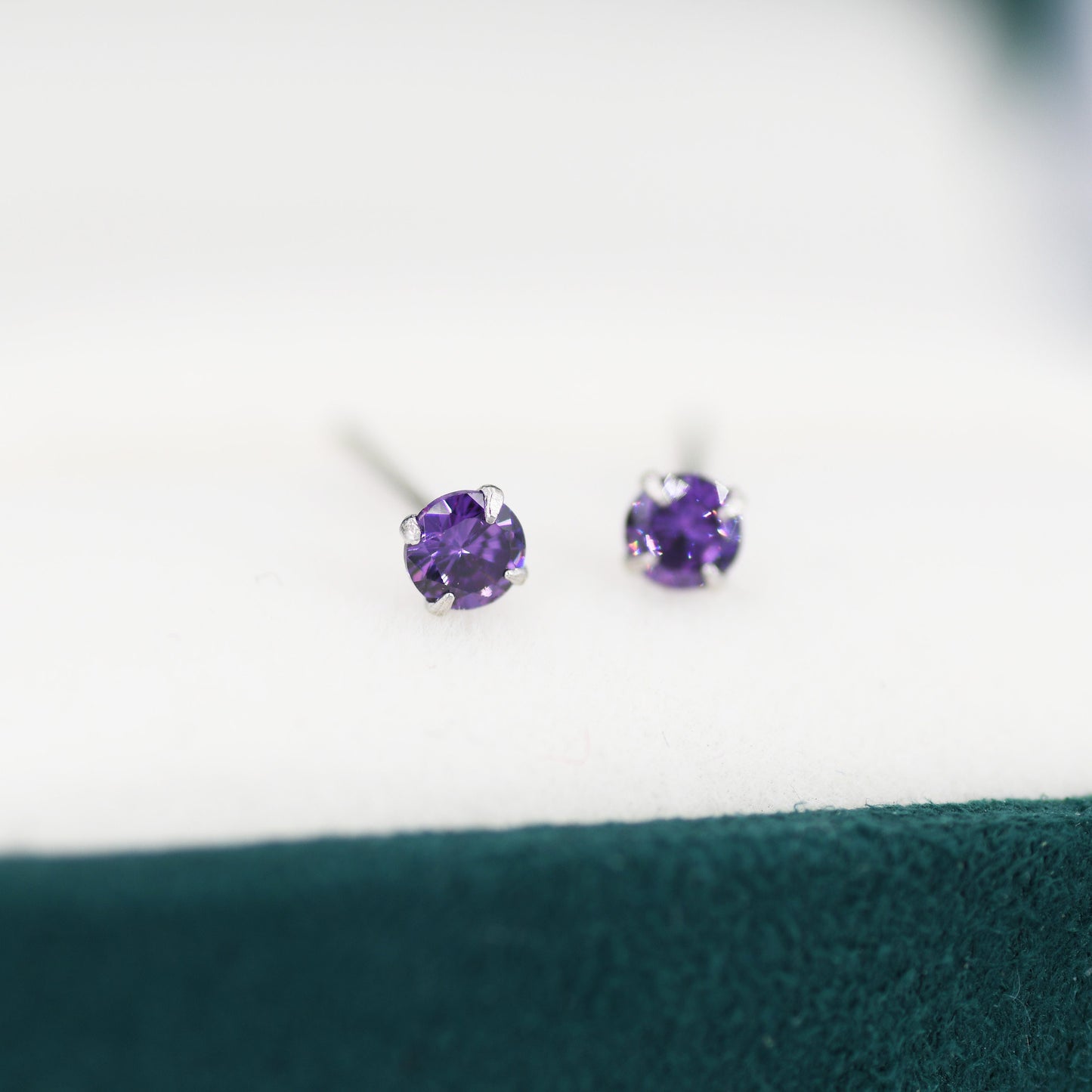 Sterling Silver February Birthstone Amethyst CZ Stud Earrings, Extra Tiny Purple Crystal Stud, 3mm Birthstone CZ Earrings