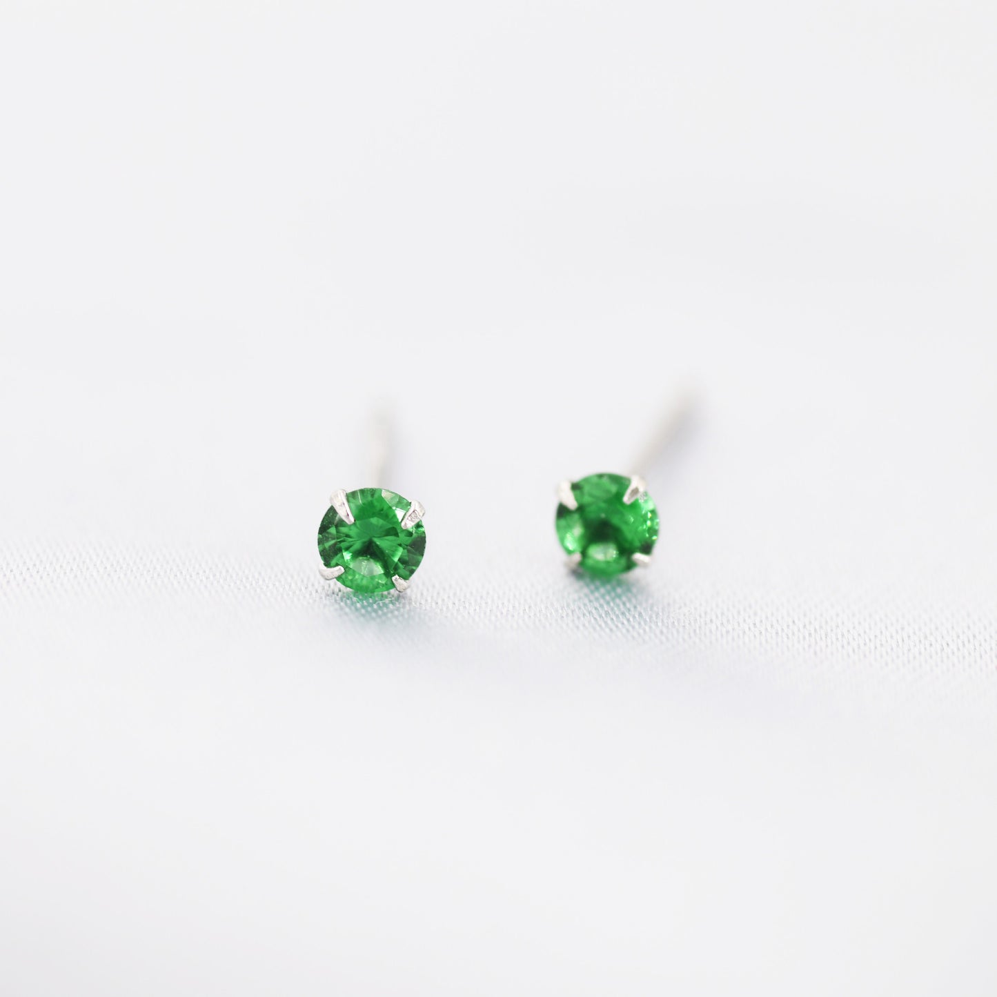 May Birthstone Earrings, Emerald Green Stud Earrings in Sterling Silver, Extra Tiny Crystal Stud, 3mm Birthstone CZ Earrings