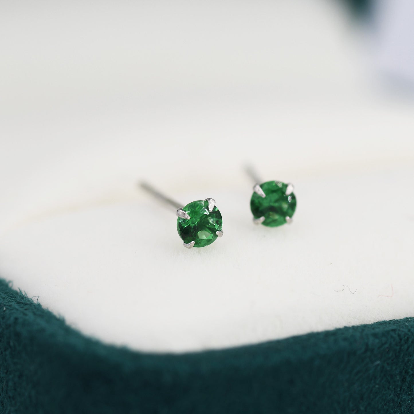 May Birthstone Earrings, Emerald Green Stud Earrings in Sterling Silver, Extra Tiny Crystal Stud, 3mm Birthstone CZ Earrings