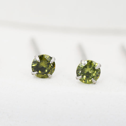 Sterling Silver August Birthstone Earrings, Peridot Stud Earrings, Extra Tiny Crystal Stud, 3mm Birthstone CZ Earrings