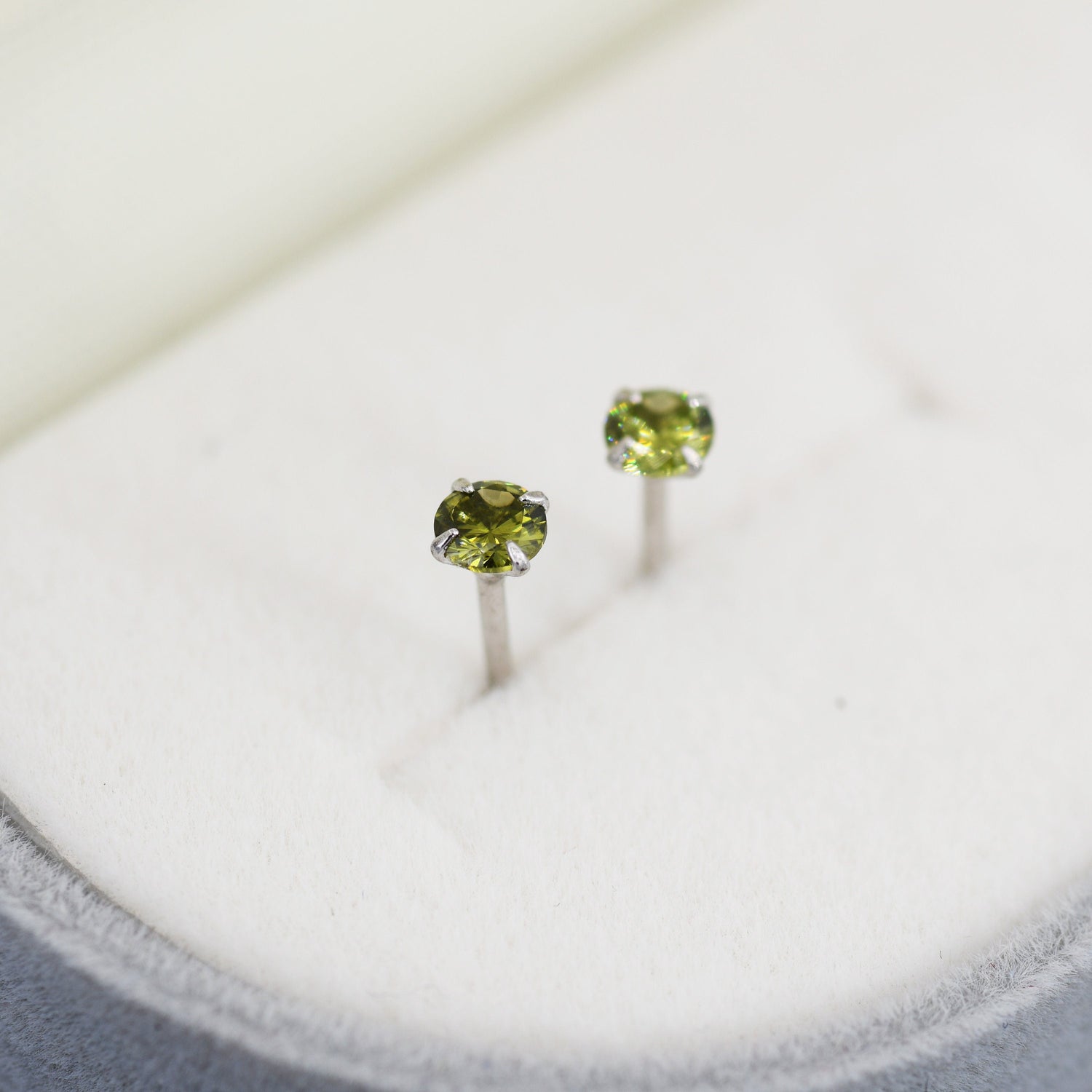 Sterling Silver August Birthstone Earrings, Peridot Stud Earrings, Extra Tiny Crystal Stud, 3mm Birthstone CZ Earrings