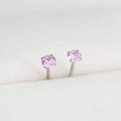 Sterling Silver October Birthstone Earrings, Tourmaline Pink Stud Earrings, Extra Tiny Crystal Stud, 3mm Birthstone CZ Earrings