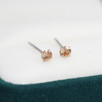 Sterling Silver November Birthstone Earrings, Citrine Yellow Stud Earrings, Extra Tiny Crystal Stud, 3mm Birthstone CZ Earrings