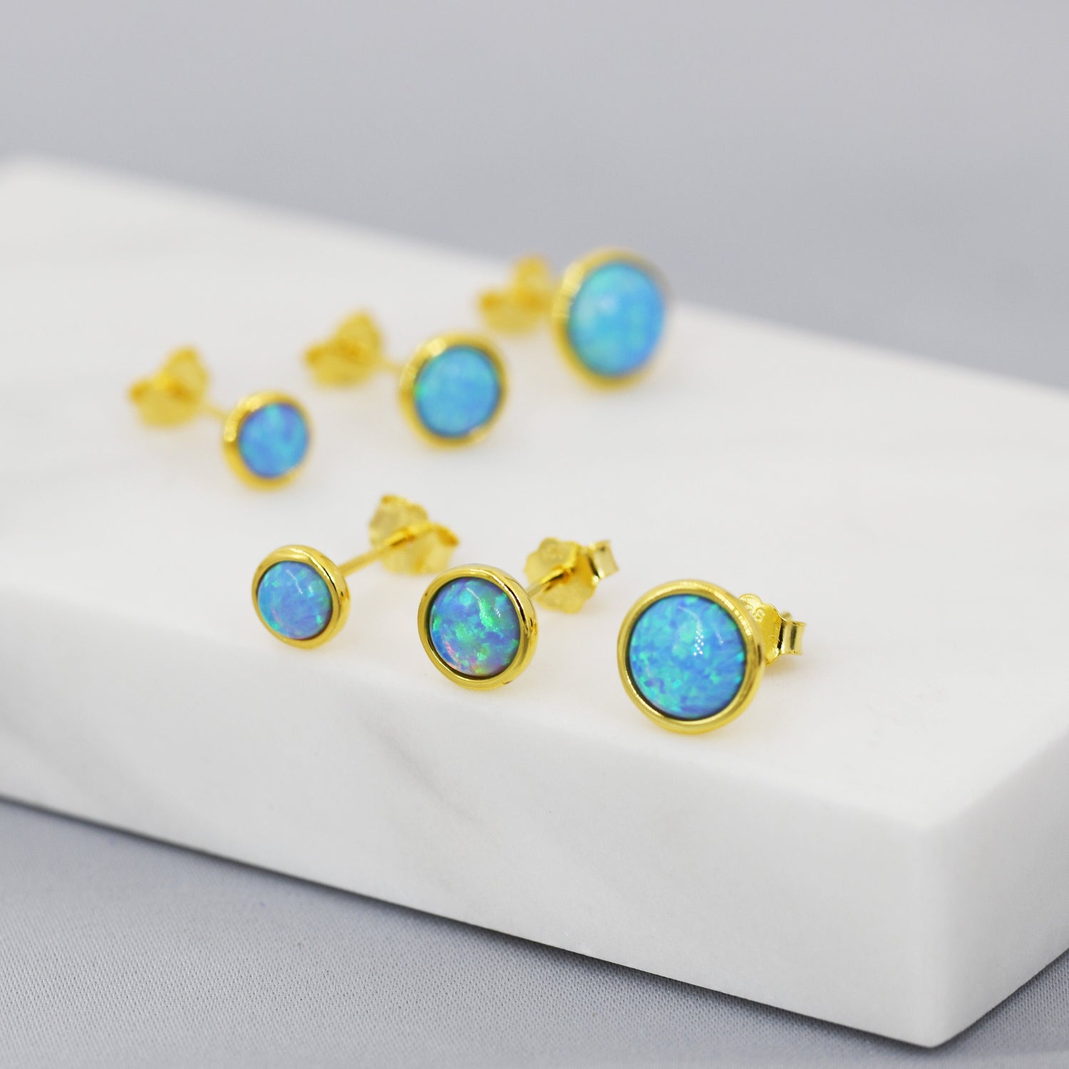Sterling Silver Blue Opal Stone Crystal Stud Earrings. 4mm, 5mm and 6mm, Gold or Silver, Round Minimalist Opal Earings