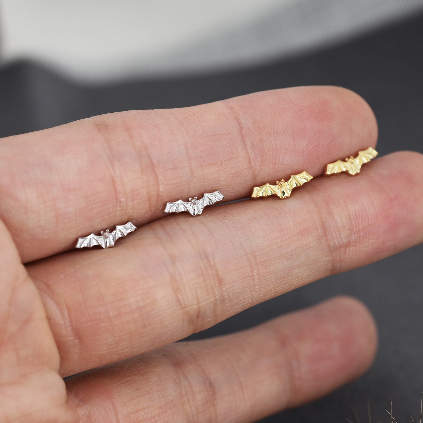 Extra Tiny Bat Stud Earrings in Sterling Silver, Silver or Gold, Stacking Earrings, Animal Earrings