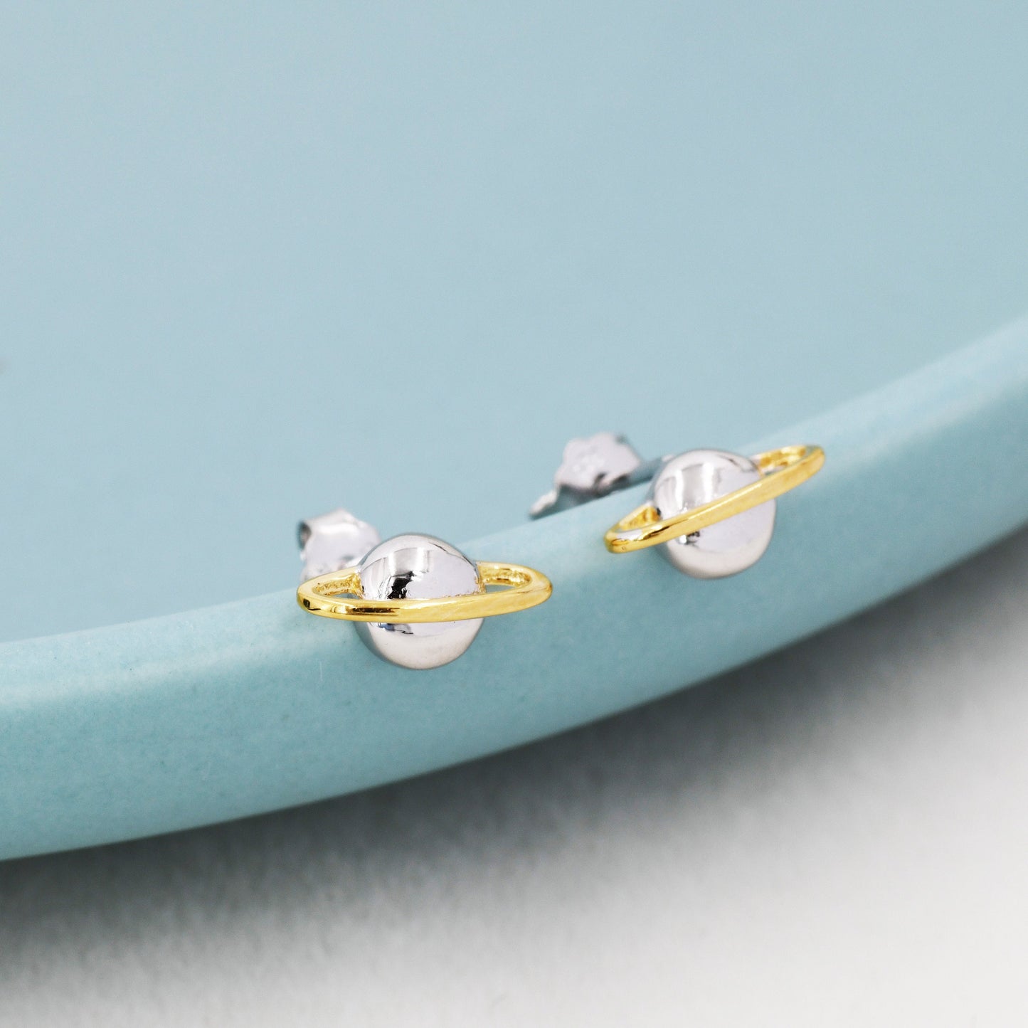 Planet Stud Earrings in Sterling Silver, Two Tone Silver Space Earrings, Saturn Earrings