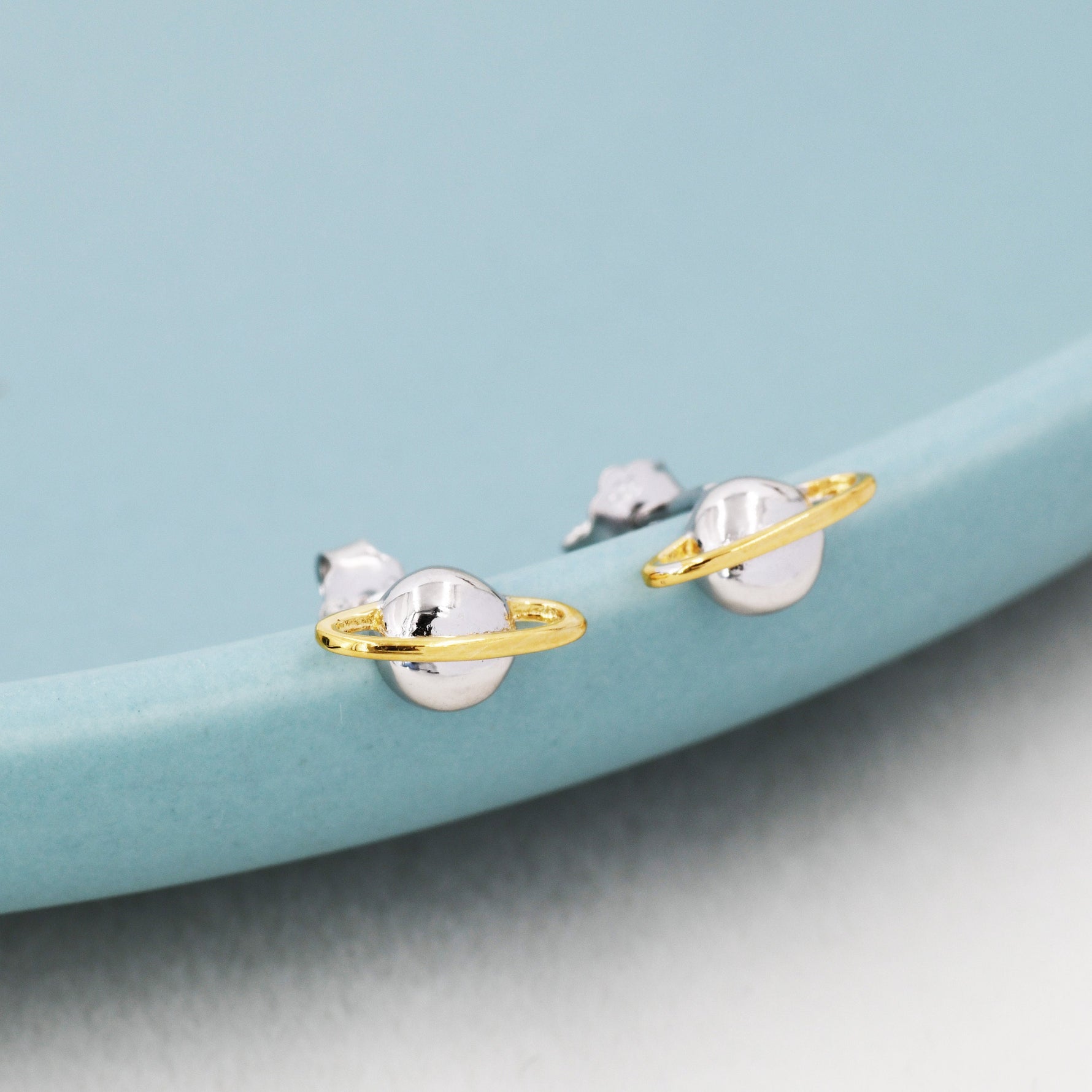 Planet Stud Earrings in Sterling Silver, Two Tone Silver Space Earrings, Saturn Earrings