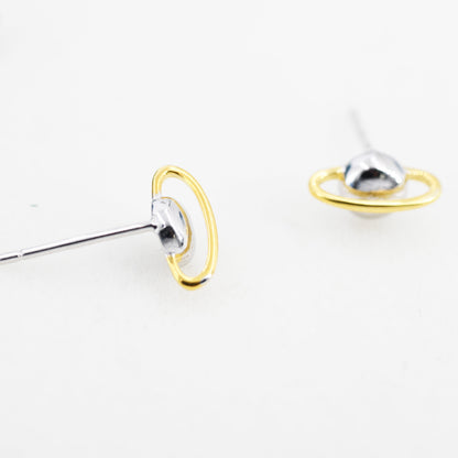 Planet Stud Earrings in Sterling Silver, Two Tone Silver Space Earrings, Saturn Earrings