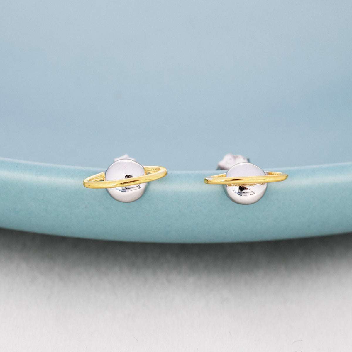 Planet Stud Earrings in Sterling Silver, Two Tone Silver Space Earrings, Saturn Earrings
