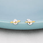 Planet Stud Earrings in Sterling Silver, Two Tone Silver Space Earrings, Saturn Earrings