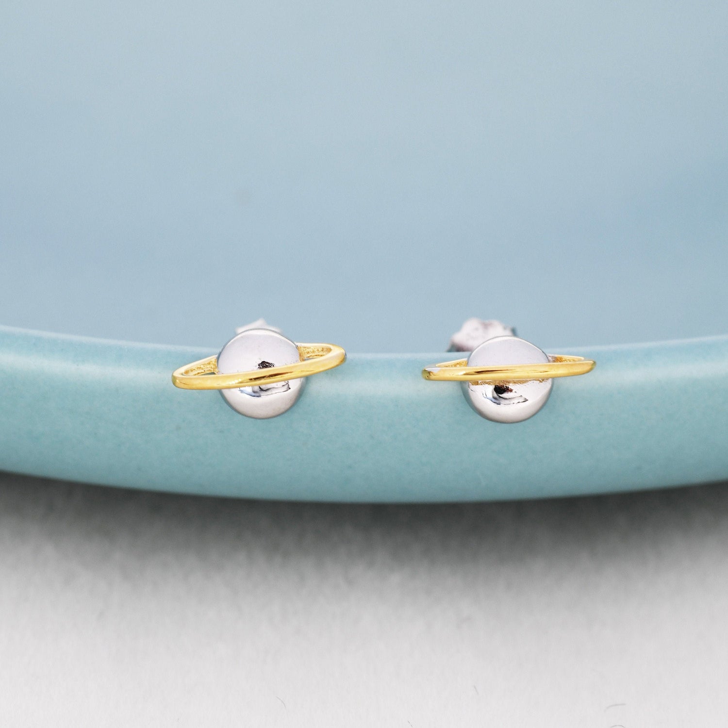 Planet Stud Earrings in Sterling Silver, Two Tone Silver Space Earrings, Saturn Earrings