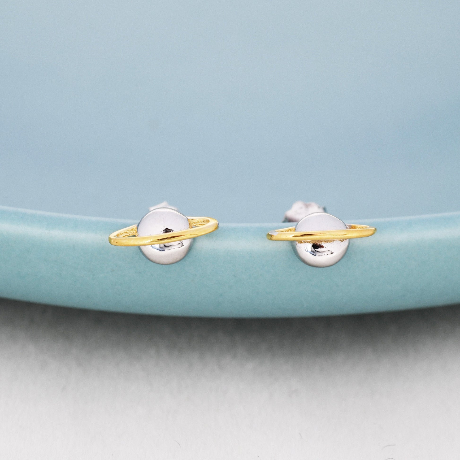 Planet Stud Earrings in Sterling Silver, Two Tone Silver Space Earrings, Saturn Earrings