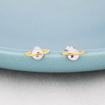 Planet Stud Earrings in Sterling Silver, Two Tone Silver Space Earrings, Saturn Earrings