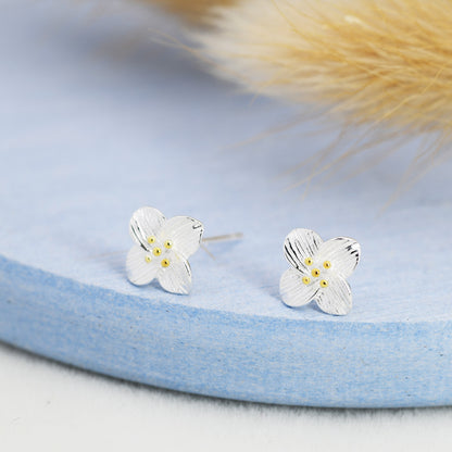 Dainty Flower Stud Earrings in Sterling Silver, Two Tone Silver Dogwood Flower Earrings, Nature Inspired Earrings, Plant Earrings