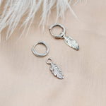 Sterling Silver Feather Hoop Earrings, Detachable Feather Dangle Hoop Earrings, Silver or Gold, Interchangeable Charms