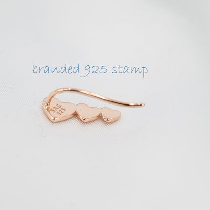 Heart Crawler Earrings in Sterling Silver, Silver, Gold or Rose Gold, Three Hearts Climber Earrings, Ear Climbers