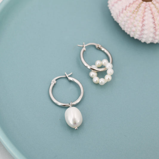 Mismatched Detachable Pearl Dangle Hoop Earrings in Sterling Silver, Silver or Gold, 14mm Hoops, Simple Hoop Earrings