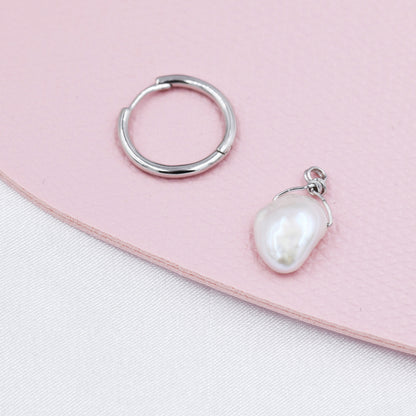 Irregular Shaped Baroque Pearl Dangle Hoop Earrings in Sterling Silver, Detachable Petal Pearl 12mm Hoop Earrings, Keshi Pearls