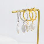 Coin Baroque Pearl Dangle Creole Hoop Earrings in Sterling Silver, Detachable Pearl Hoop Earrings, Pearl Huggie Hoops, Keshi Pearls