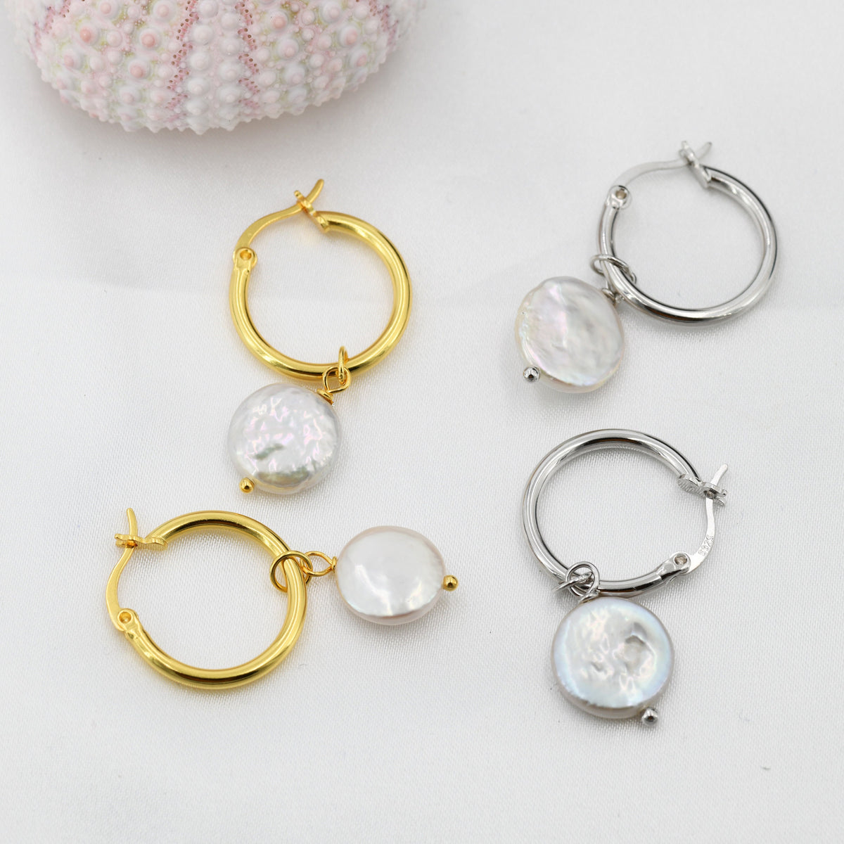 Coin Baroque Pearl Dangle Creole Hoop Earrings in Sterling Silver, Detachable Pearl Hoop Earrings, Pearl Huggie Hoops, Keshi Pearls