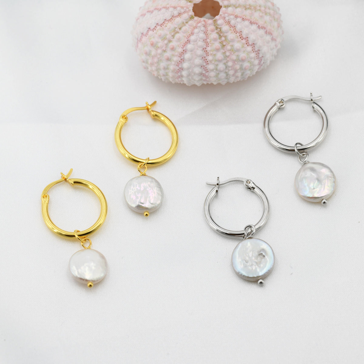 Coin Baroque Pearl Dangle Creole Hoop Earrings in Sterling Silver, Detachable Pearl Hoop Earrings, Pearl Huggie Hoops, Keshi Pearls