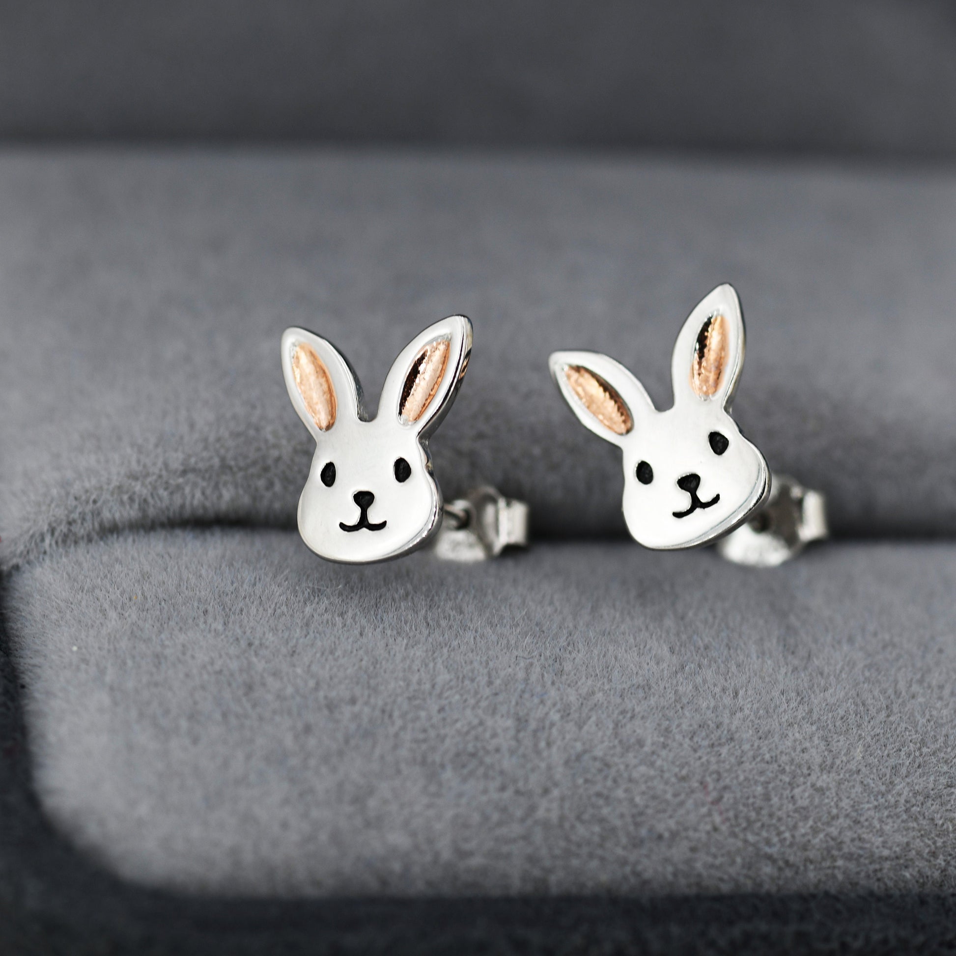 Cute Bunny Head Earrings in Sterling Silver, Silver and Rose Gold, Rabbit Stud Earrings, Rabbit Head Earrings, Animal Earrings