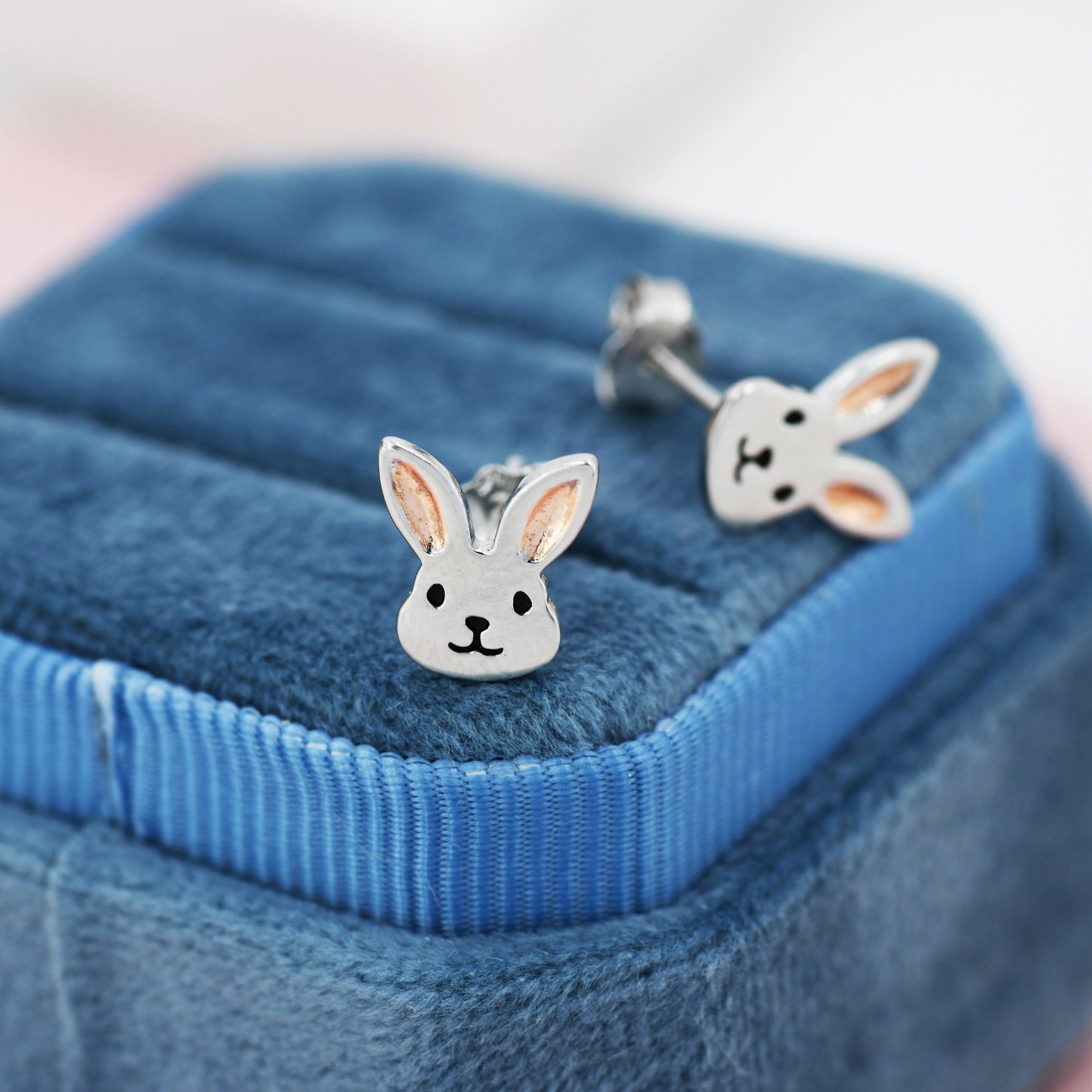 Cute Bunny Head Earrings in Sterling Silver, Silver and Rose Gold, Rabbit Stud Earrings, Rabbit Head Earrings, Animal Earrings