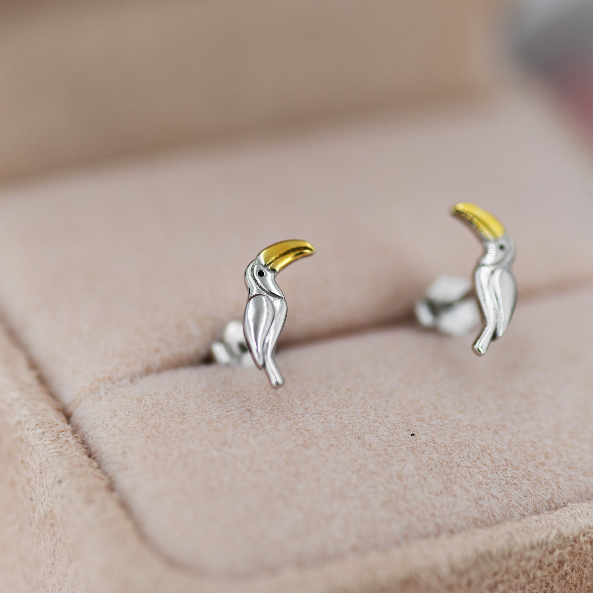 Tiny Toucan Bird Stud Earrings in Sterling Silver, Silver and 18ct Gold, Bird Stud Earrings, Nature Inspired Animal Earrings