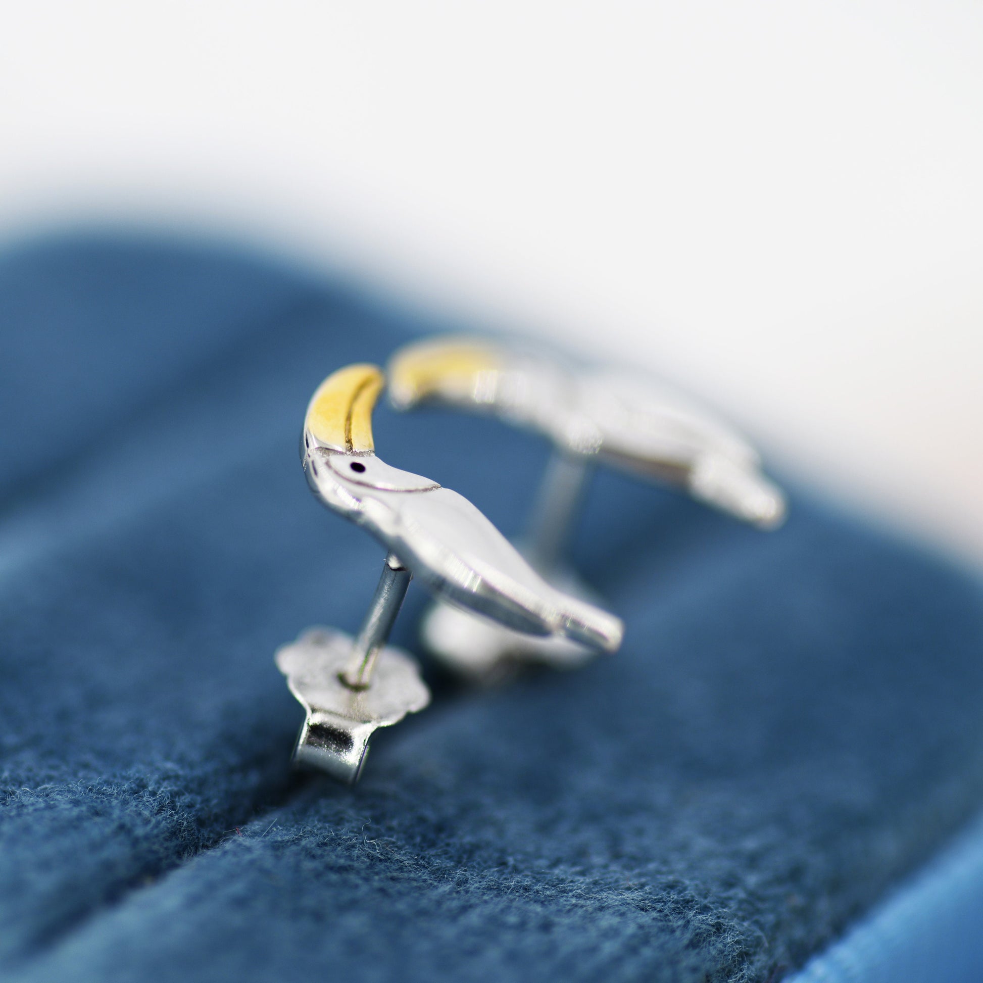 Tiny Toucan Bird Stud Earrings in Sterling Silver, Silver and 18ct Gold, Bird Stud Earrings, Nature Inspired Animal Earrings