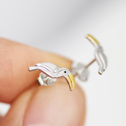 Tiny Toucan Bird Stud Earrings in Sterling Silver, Silver and 18ct Gold, Bird Stud Earrings, Nature Inspired Animal Earrings