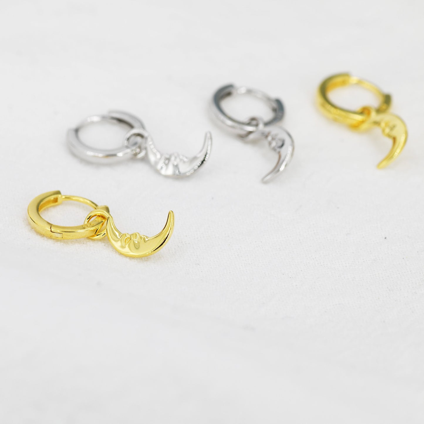 Sterling Silver Crescent Moon Face Hoop Earrings, Detachable Charm Dangle Hoop Earrings, Silver or Gold,  Interchangeable Charms