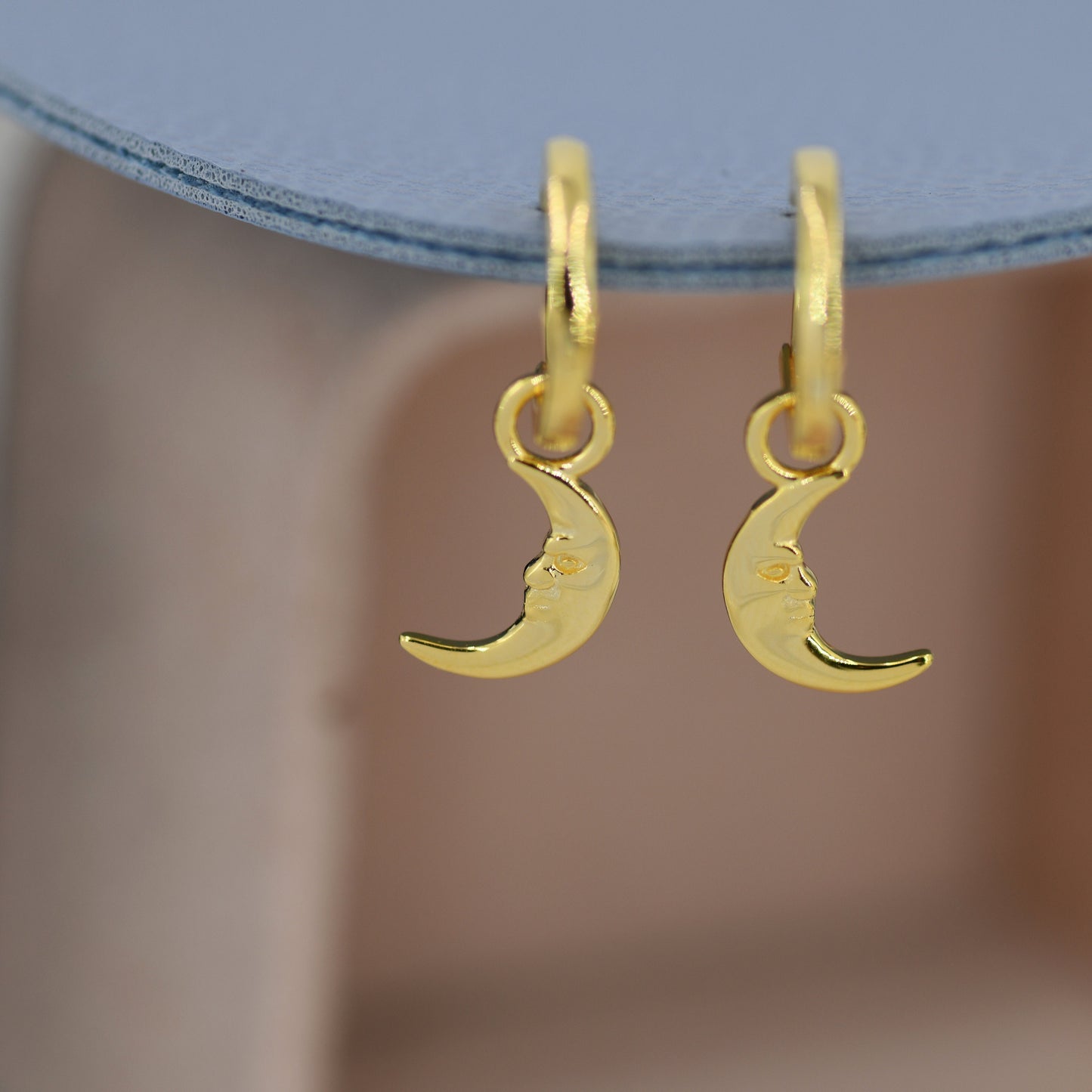 Sterling Silver Crescent Moon Face Hoop Earrings, Detachable Charm Dangle Hoop Earrings, Silver or Gold,  Interchangeable Charms