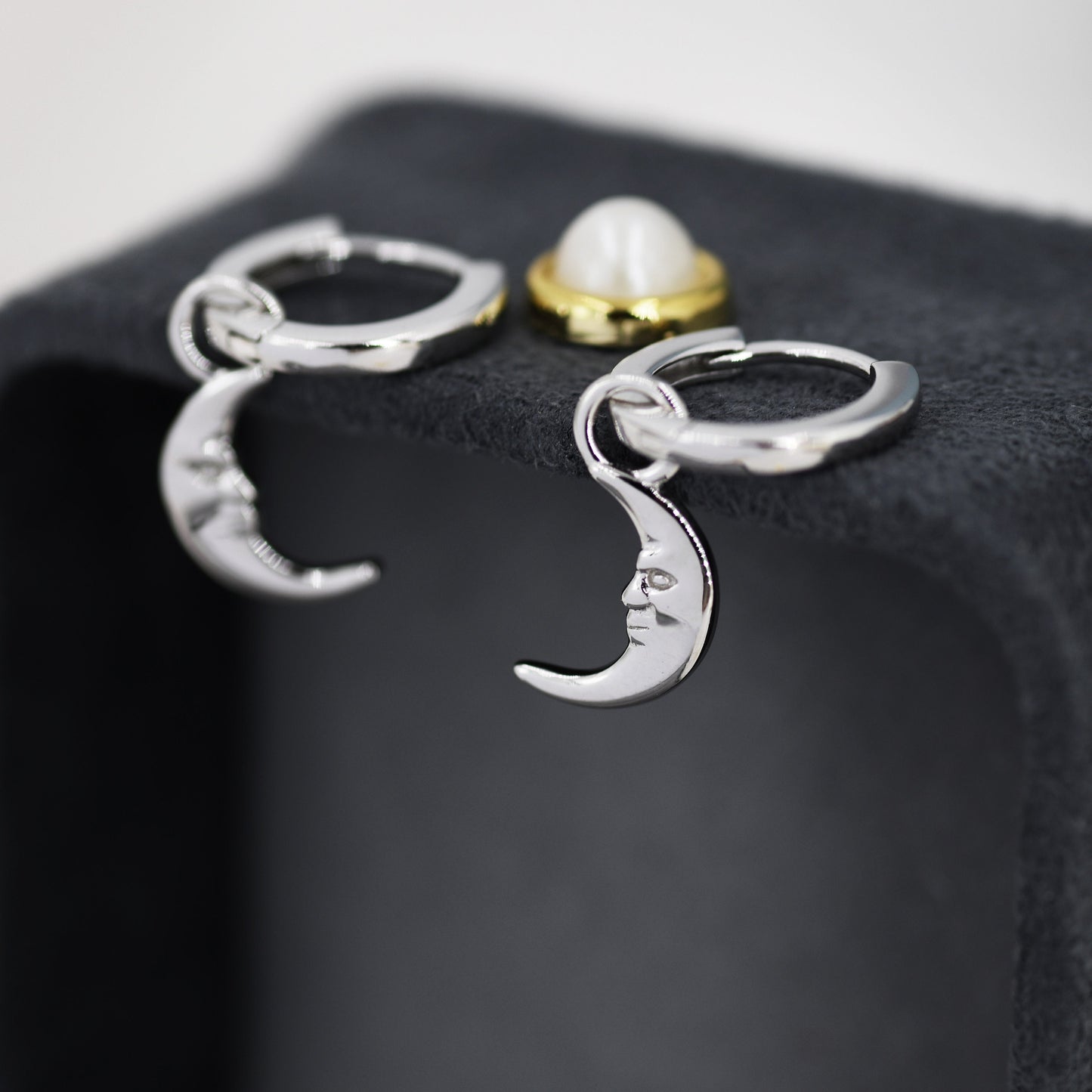 Sterling Silver Crescent Moon Face Hoop Earrings, Detachable Charm Dangle Hoop Earrings, Silver or Gold,  Interchangeable Charms