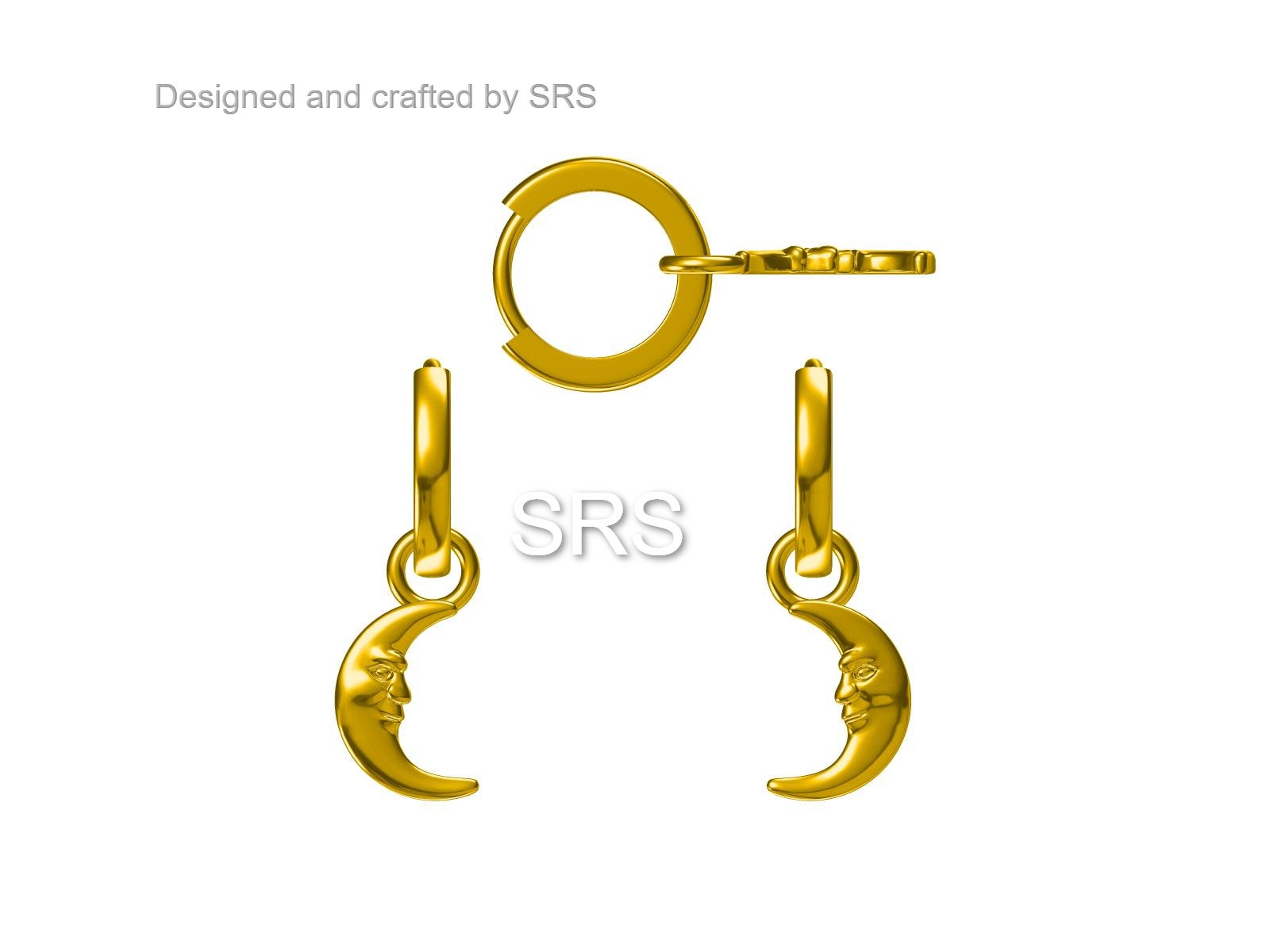 Sterling Silver Crescent Moon Face Hoop Earrings, Detachable Charm Dangle Hoop Earrings, Silver or Gold, Interchangeable Charms