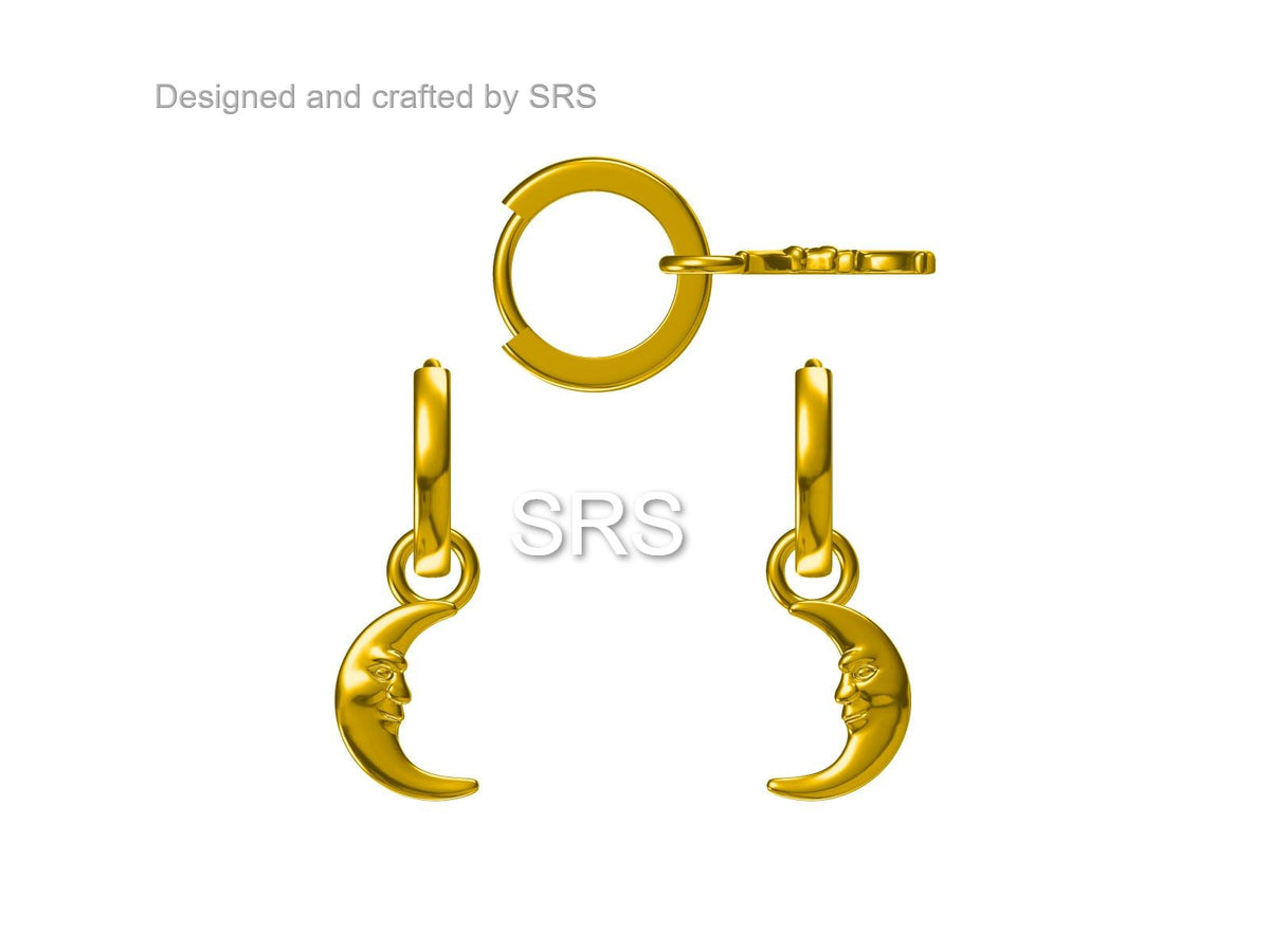 Sterling Silver Moon Face Hoop Earrings, Detachable Charm Dangle Hoop Earrings, Silver or Gold, Interchangeable Charms