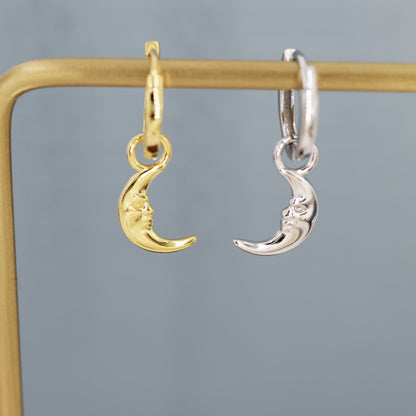 Sterling Silver Crescent Moon Face Hoop Earrings, Detachable Charm Dangle Hoop Earrings, Silver or Gold,  Interchangeable Charms