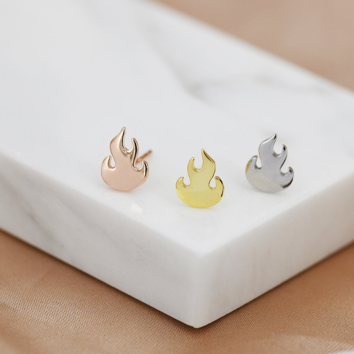 Fire Flame Stud Earrings in Sterling Silver, Silver, Gold or Rose Gold, Nature Inspired.