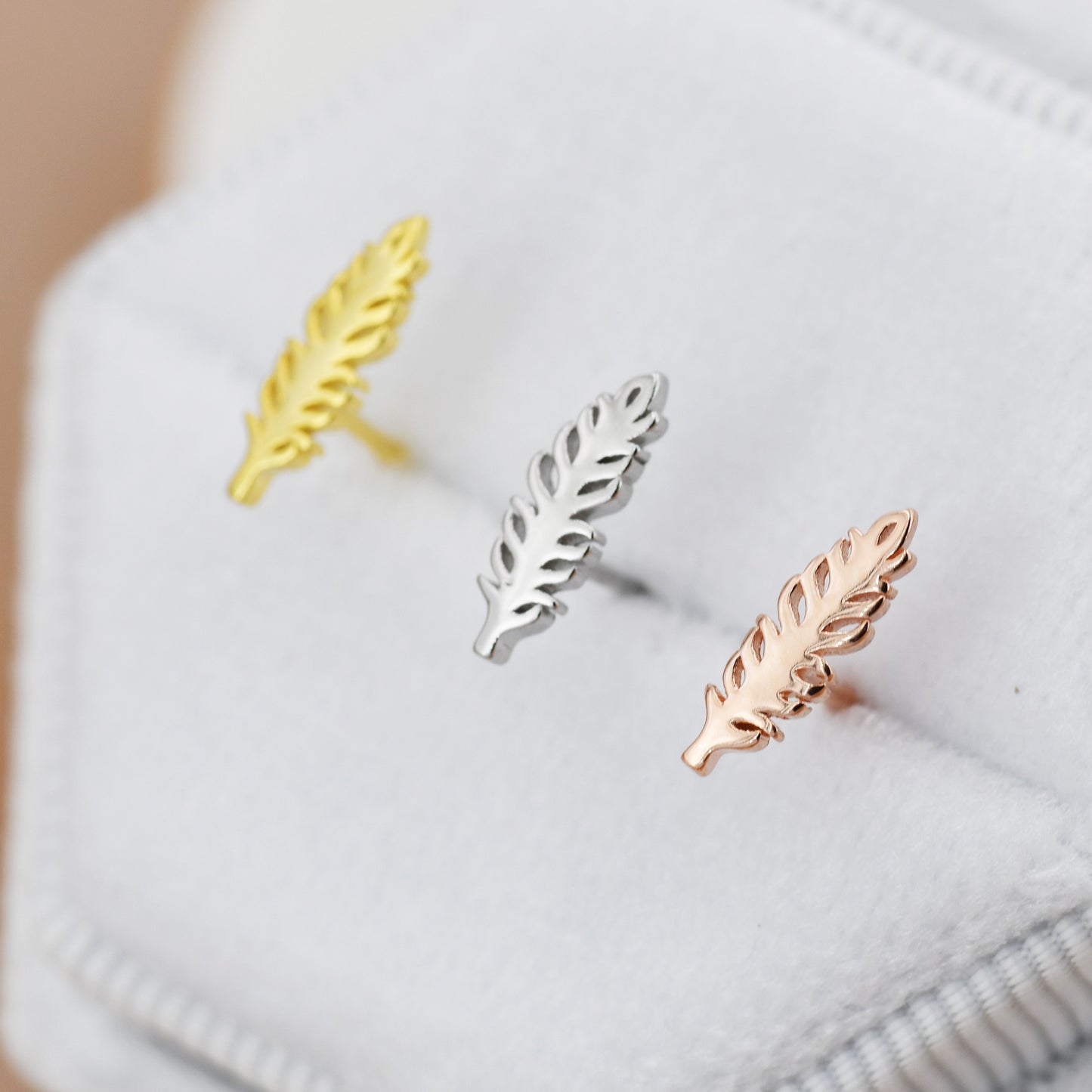 Tiny Feather Stud Earrings in Sterling Silver, Silver, Gold or Rose Gold,  Nature Inspired Animal Earrings