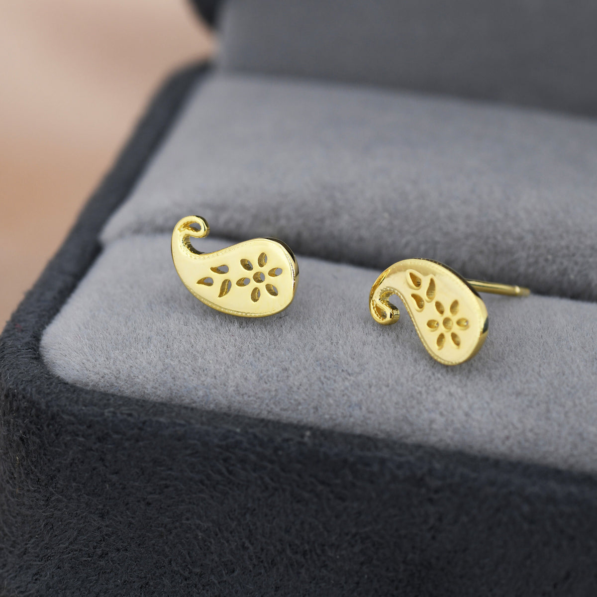 Paisley Pattern Stud Earrings in Sterling Silver, Silver or Gold, Small Stacking Earrings