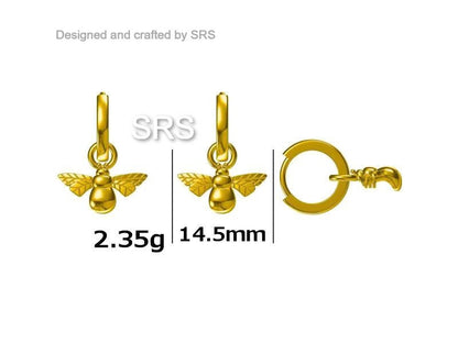 Sterling Silver Dangling Bee Hoop Earrings, Detachable Charm Dangle Hoop Earrings, Silver or Gold, Interchangeable