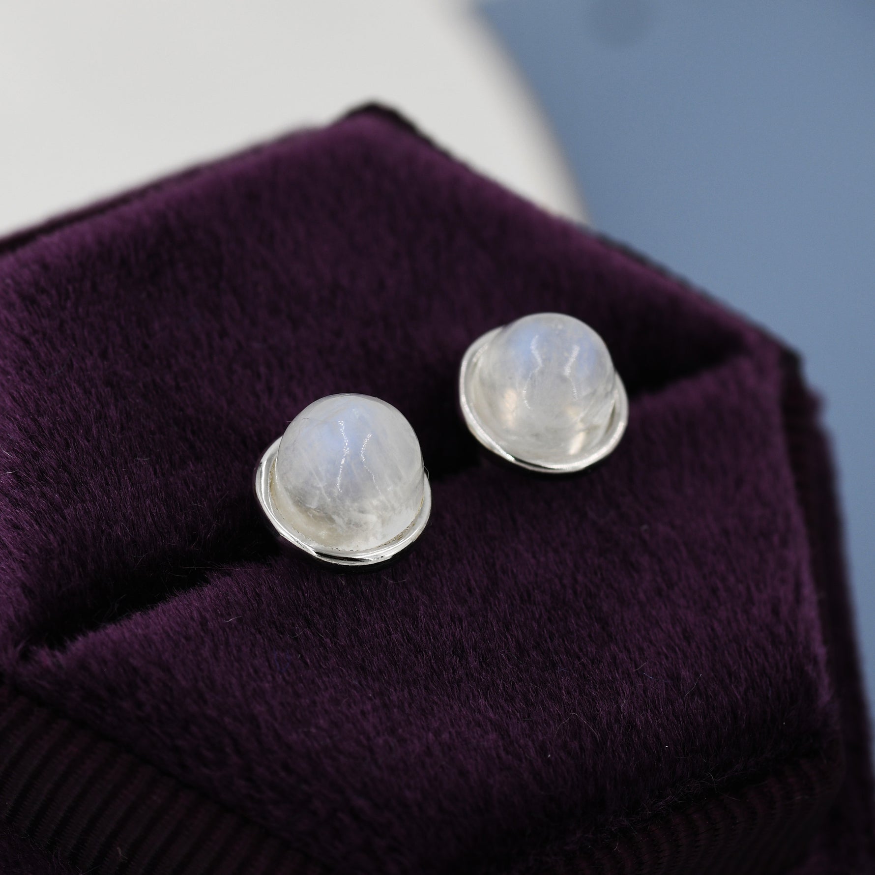 Moonstone Stud Earrings in Sterling Silver, Semi-Precious Gemstone Earrings, Natural Moonstone Earrings